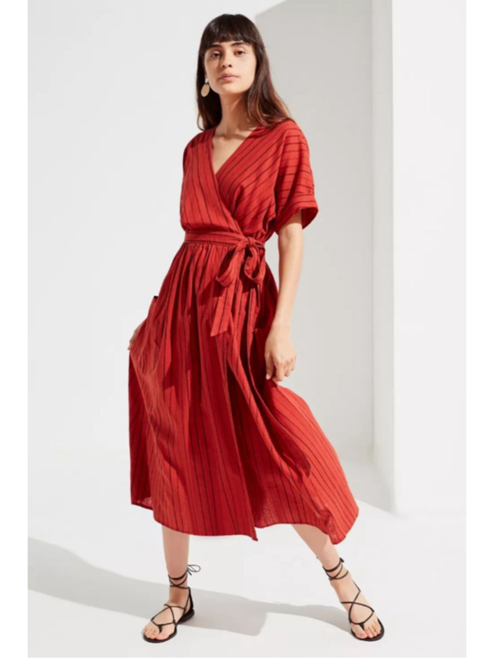 Urban Outfitters Gabrielle Linen Midi Wrap Dress Boho Womens Small